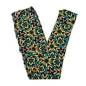 LuLaRoe Black Turquoise Blue Yellow Orange Kaleidoscope Geo Leggings One Size OS